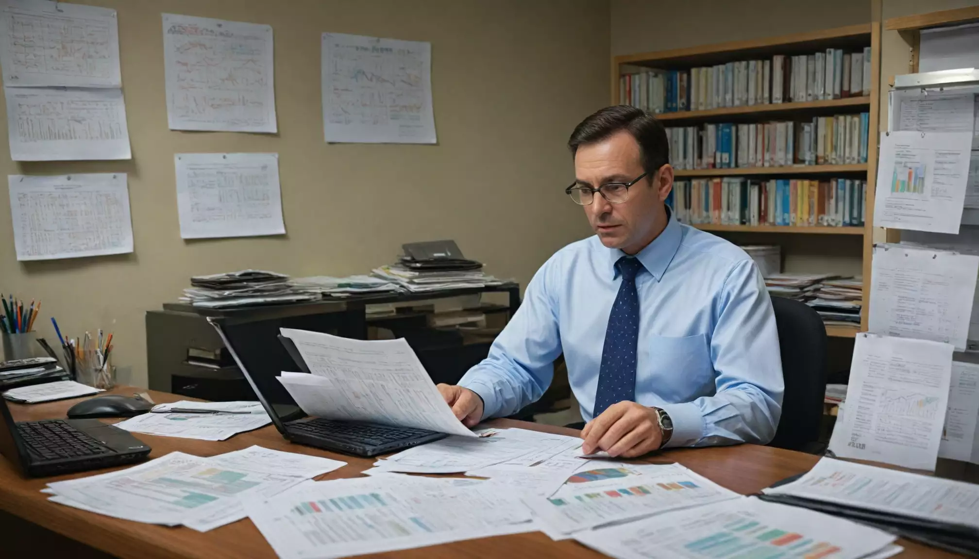 Mężczyzna analizuje dokumenty w biurze pełnym papierów.